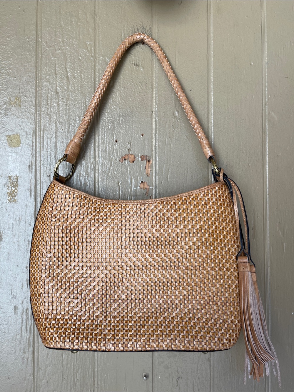 Patricia Nash Castelli Woven Leather Shoulder Bag in Tan with Tassel - Picture 1 of 13